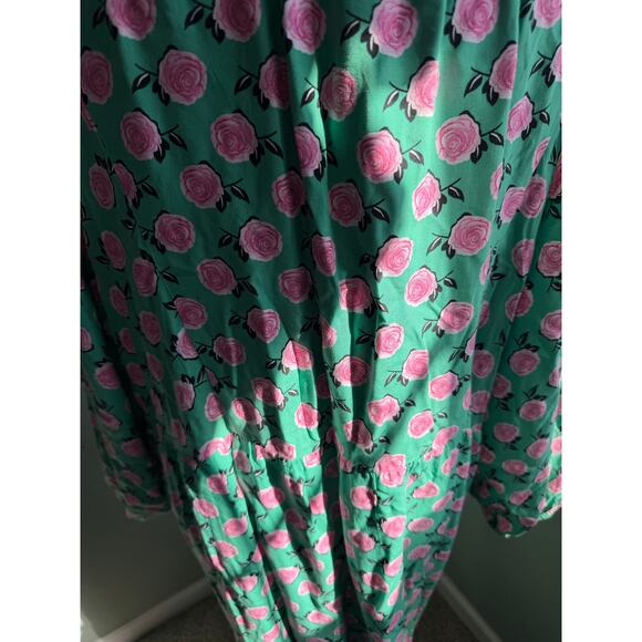 Floral Rose Print Green Viscose Maxi Dress Long Sleeve Boho Caftan XL - Picture 4 of 7